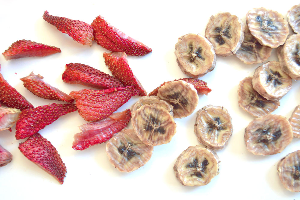 Homemade dried strawberry and banana fruit snacks