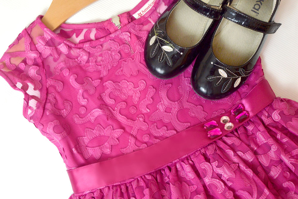 American Girl Merry Magenta dress for little girls and See Kai Run shoes