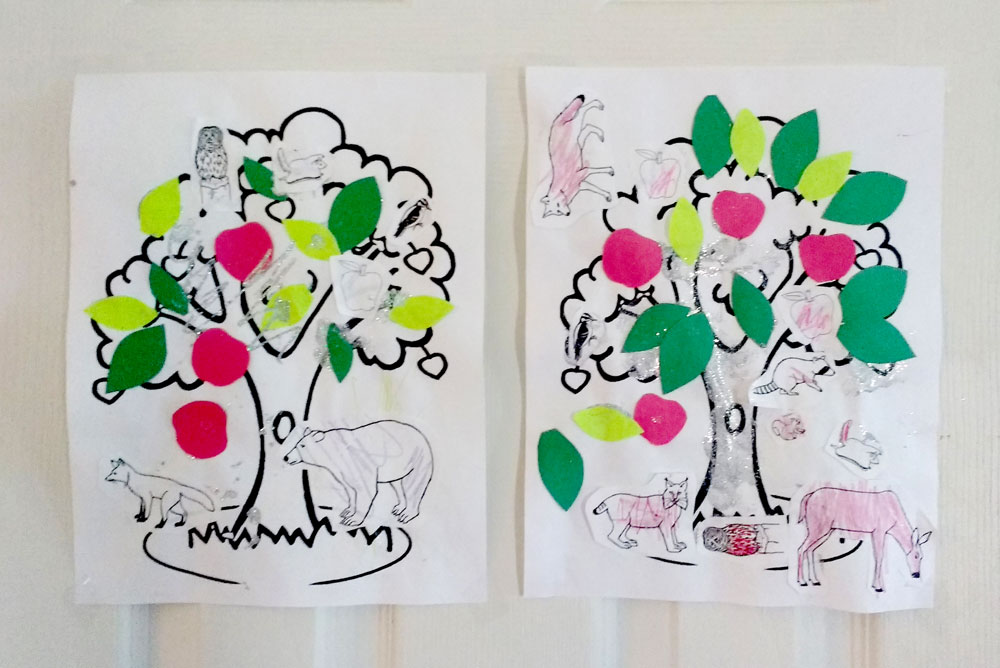 Cute apple tree and forest animal toddler coloring craft - Mommy Scene