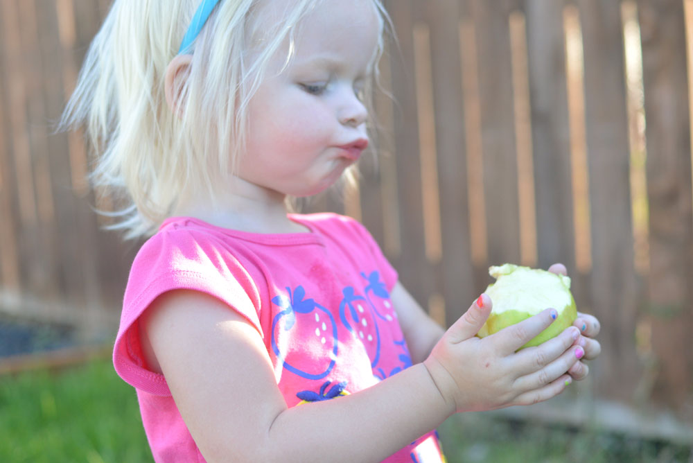 Cute toddler girl eating an apple - Mommy Scene