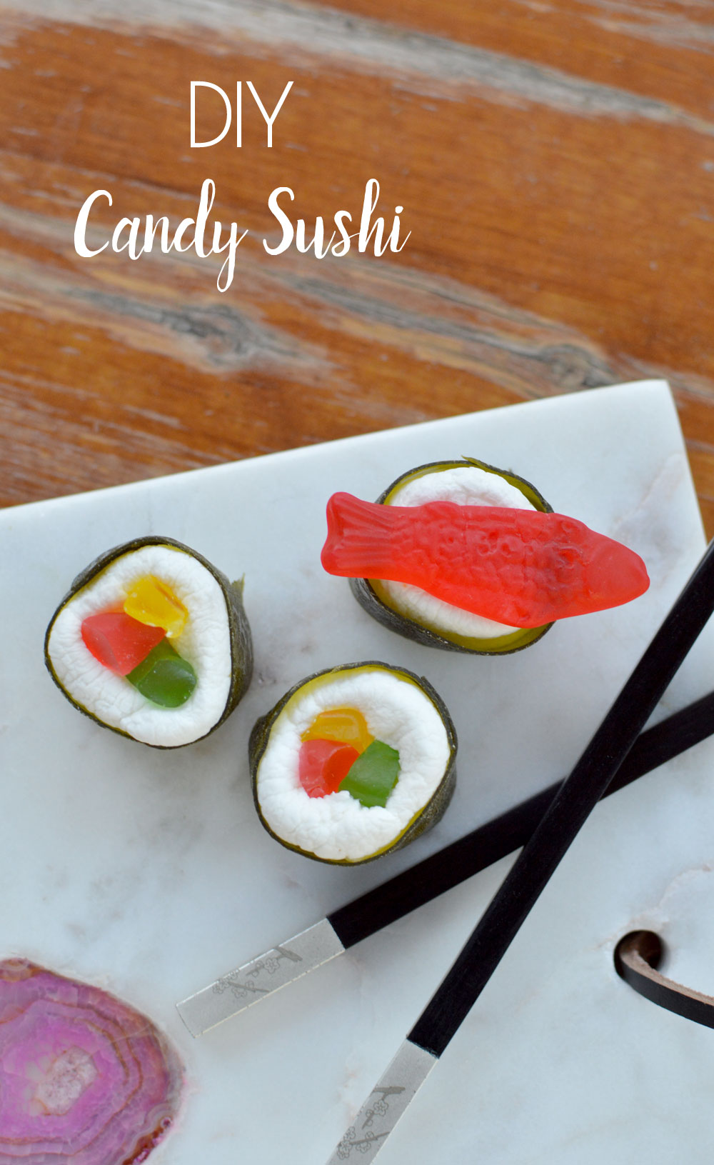 Creative party idea DIY candy sushi with fruit roll-ups, marshmallows, and gummy candy