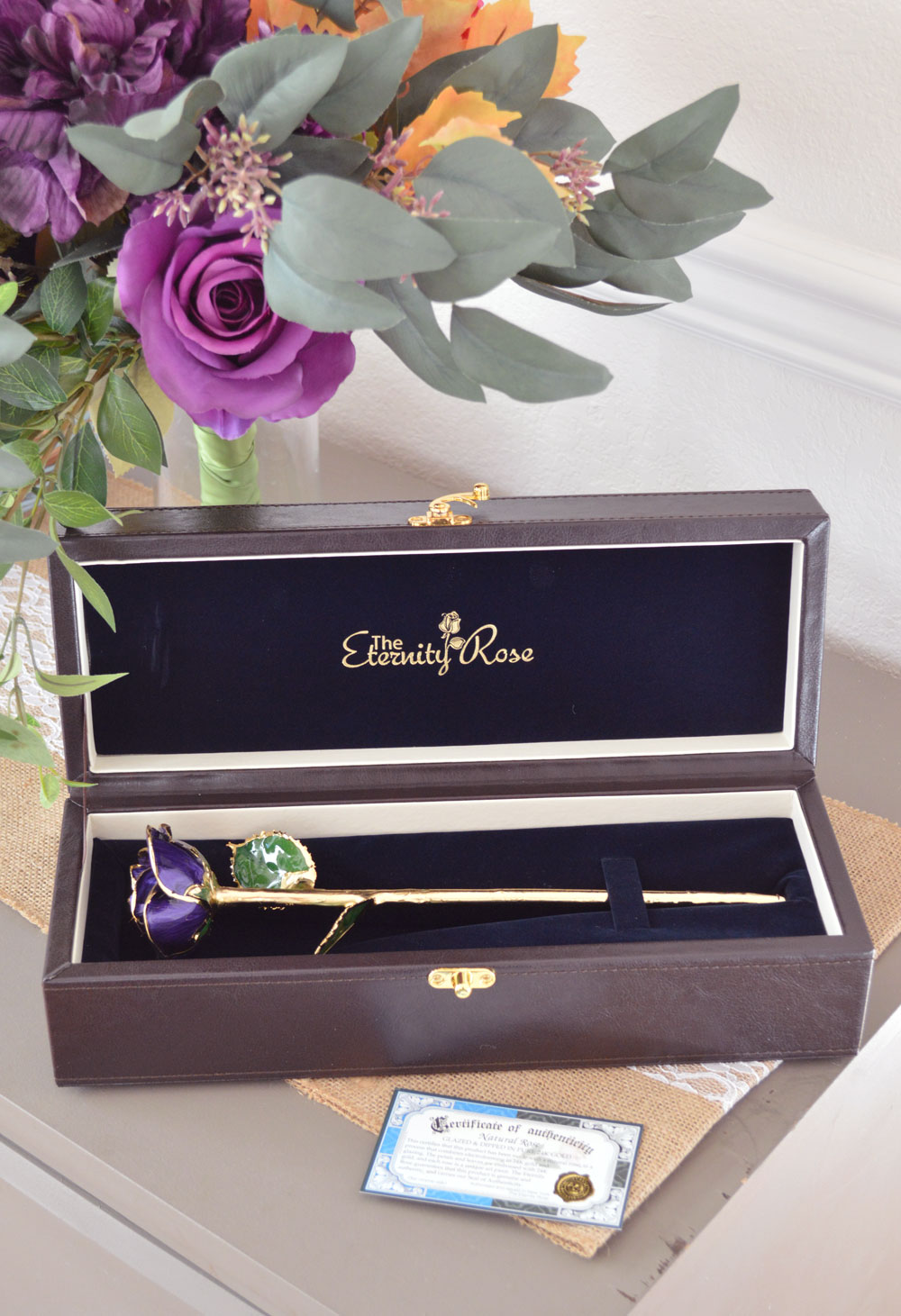 Eternity Rose 24k gold dipped blooms come in a gorgeous display box