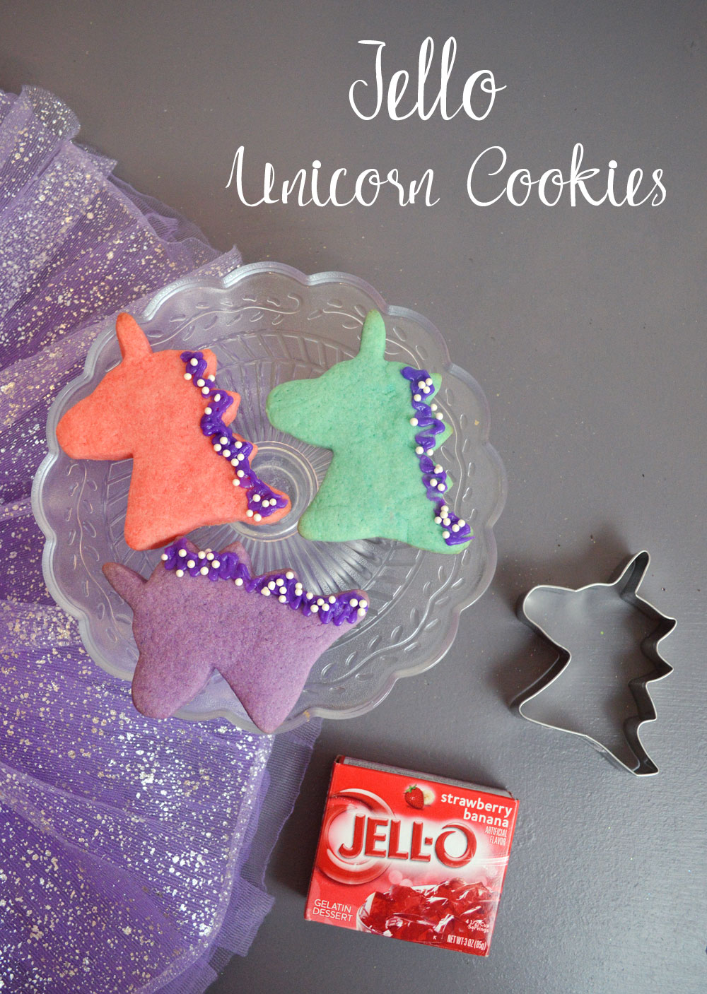 Colorful Jello unicorn sugar cookies for kids