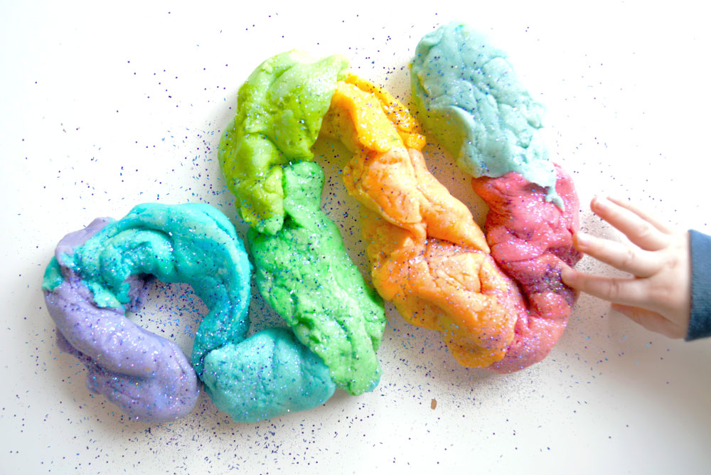 Easy homemade Rainbow Glitter Playdough for kids