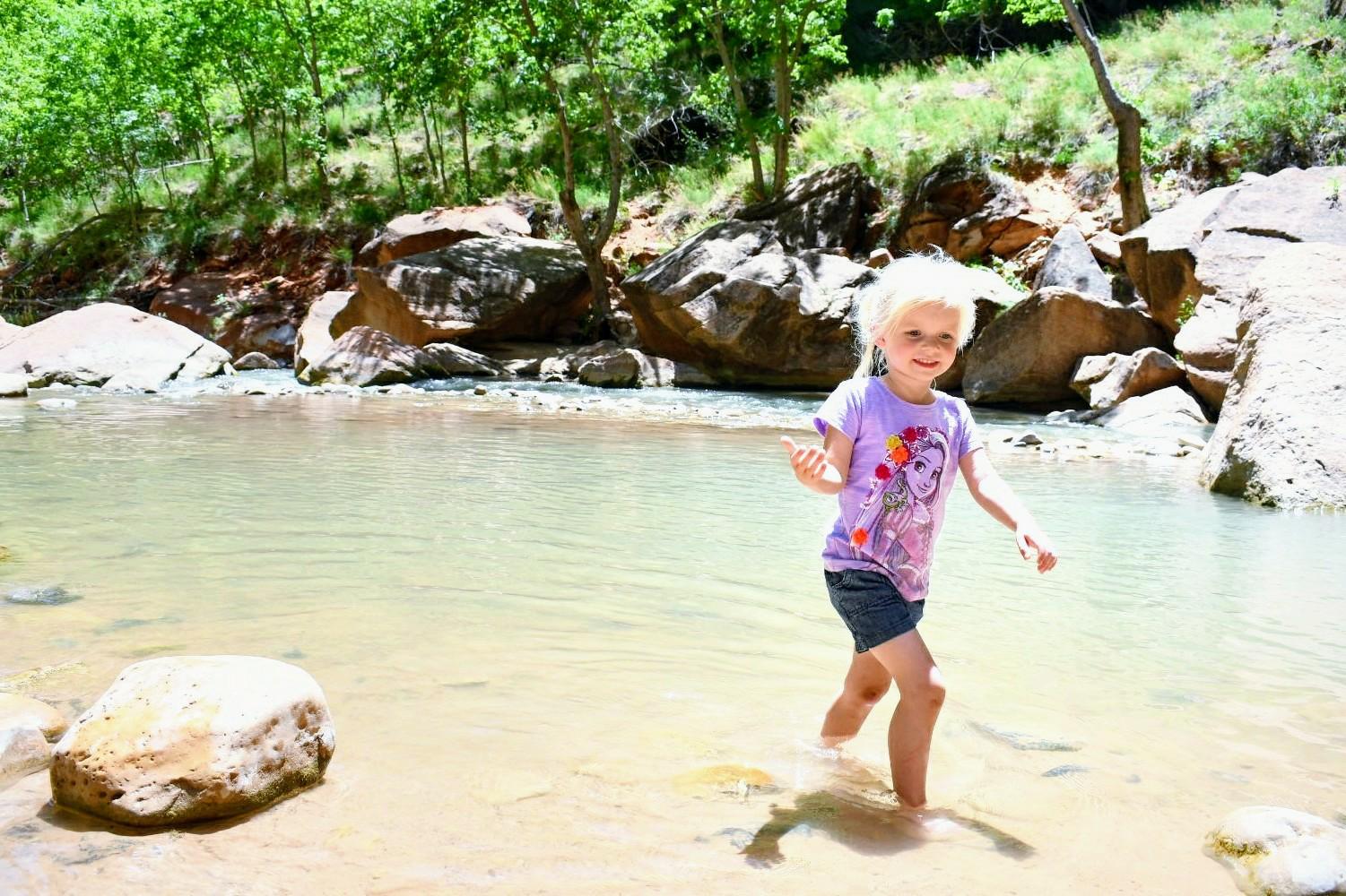 Walking in the water on our Zion Canyon family hike