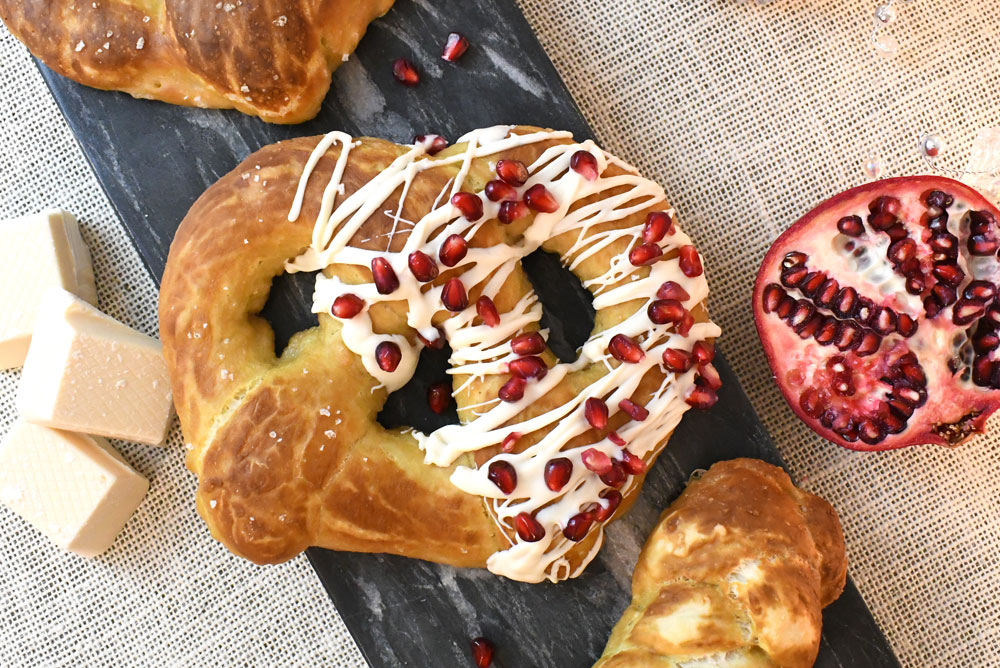 How to make Easy Homemade Soft Pretzels with White Chocolate and Pomegranate