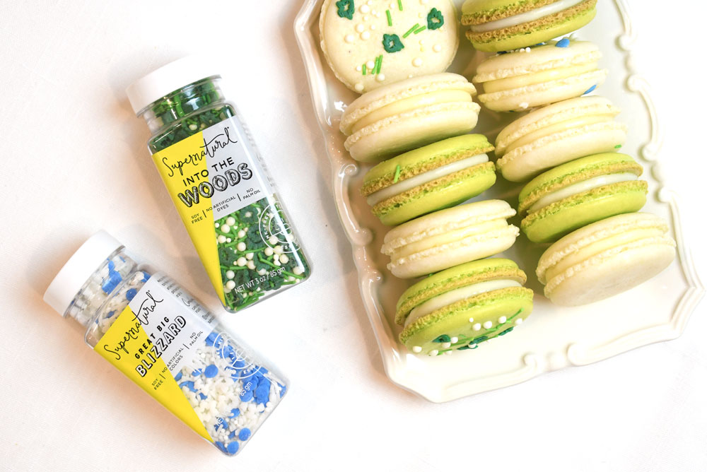 Decorate homemade macarons with soy-free Supernatural sprinkles