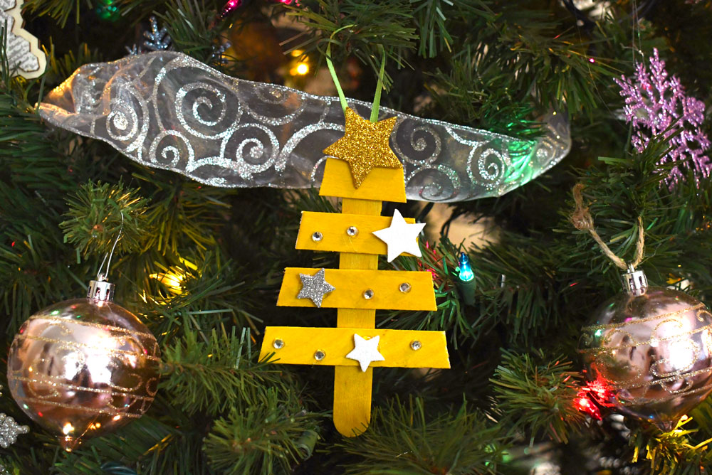 Cute yellow popsicle stick mini Christmas tree ornament