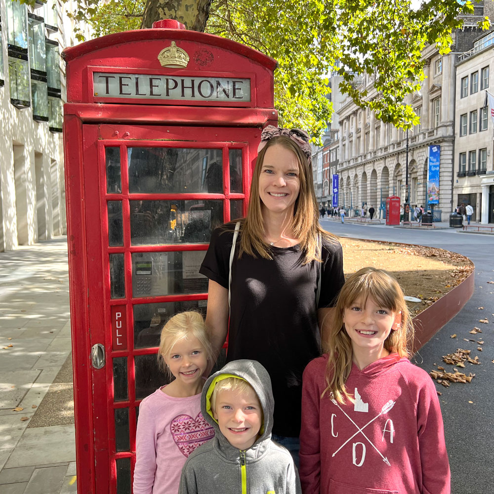 London England phone booth Katie and kids