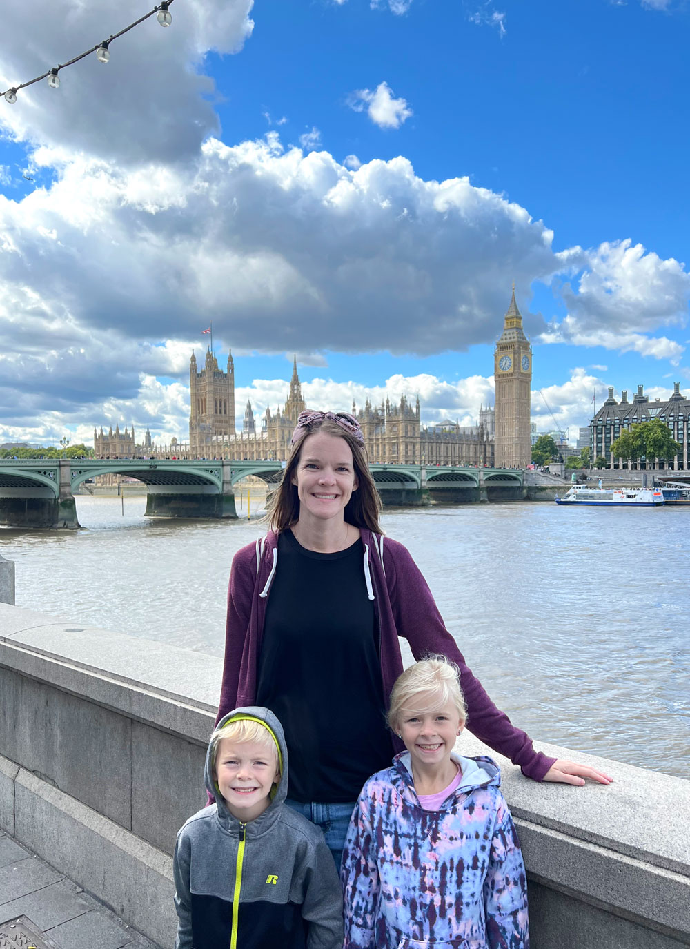 Katie and kids in London England near Westminster Abbey