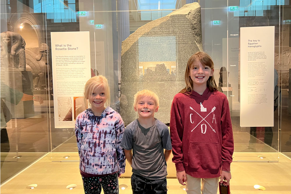 Wallace kids viewing the Rosetta Stone in London