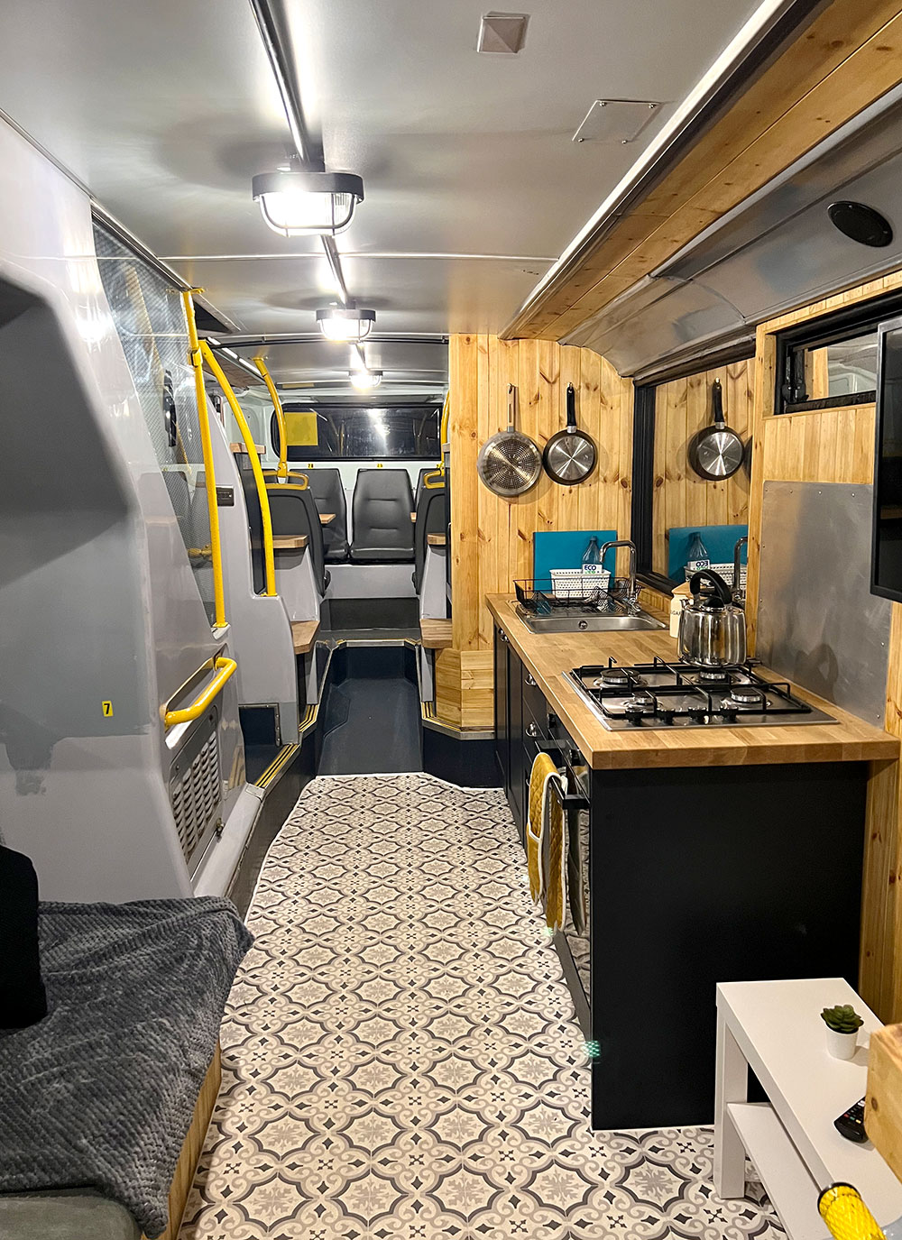 Airbnb double decker bus kitchen United Kingdom