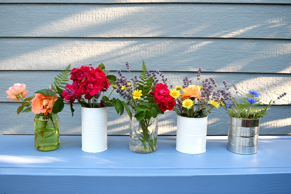 recycled glass jars and tin cans flower vases
