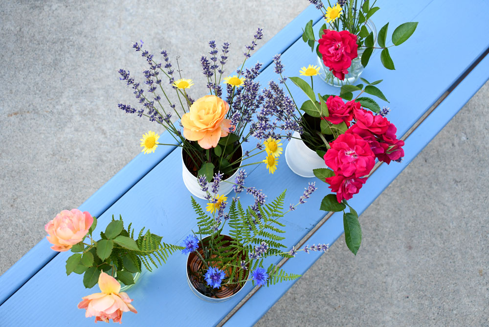 upcycled flower vases using glass jars and tin cans