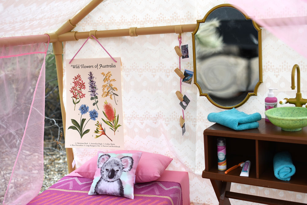 Kira Bailey comfy camping tent bed and doll sized decorations