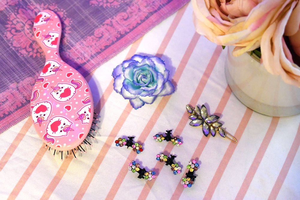 glitter hair accessories, rhinestone clips and unicorn kitty hair brush gift ideas for girls