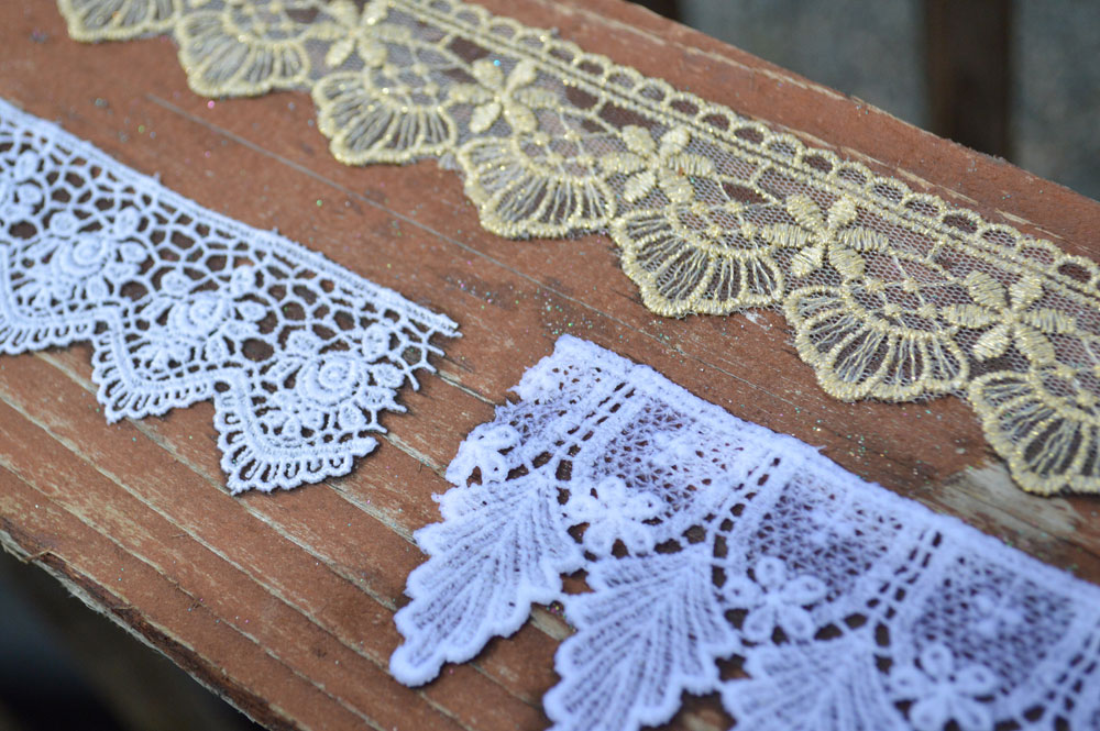 homemade lace glitter crowns using fabric stiffener