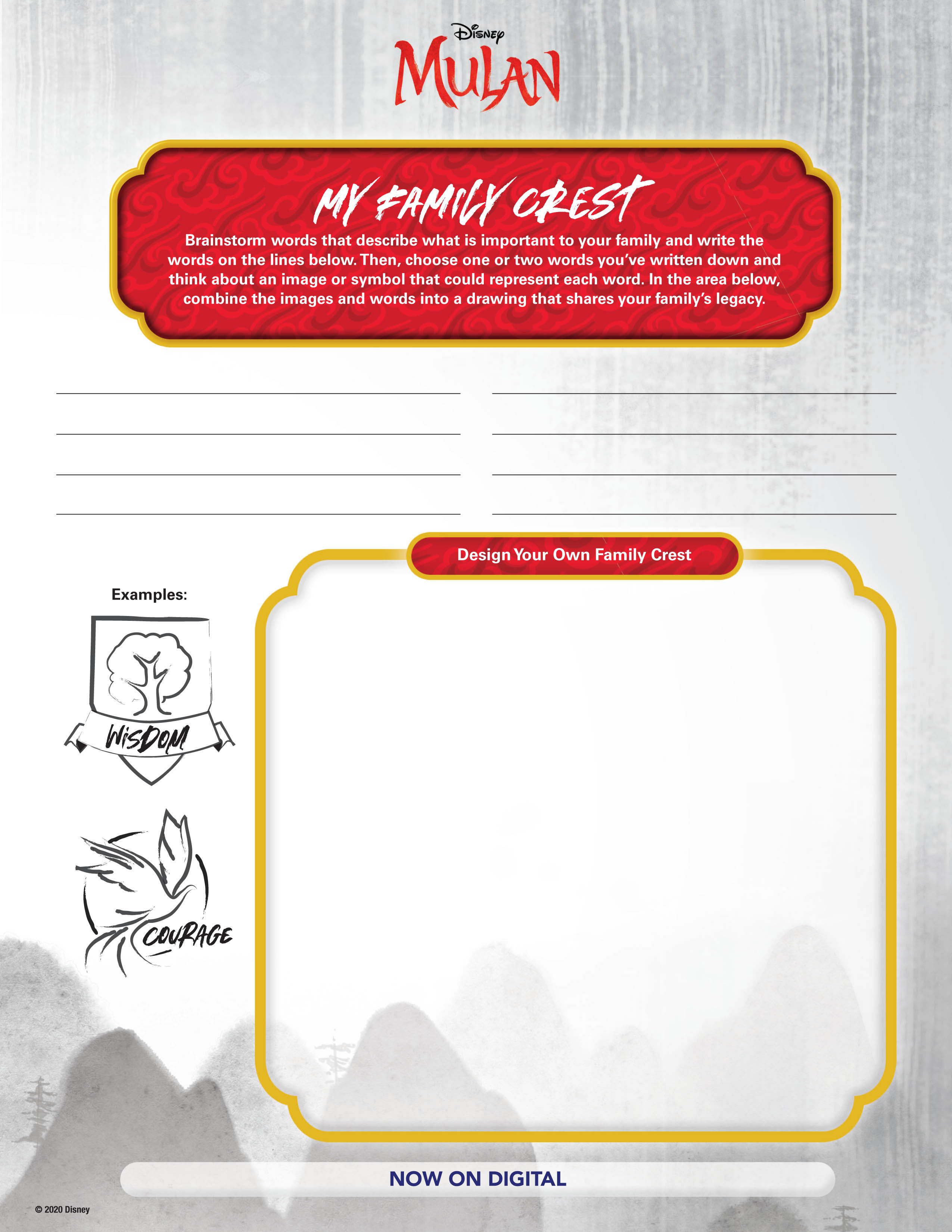 Disney's live action Mulan activity sheet design a family crest