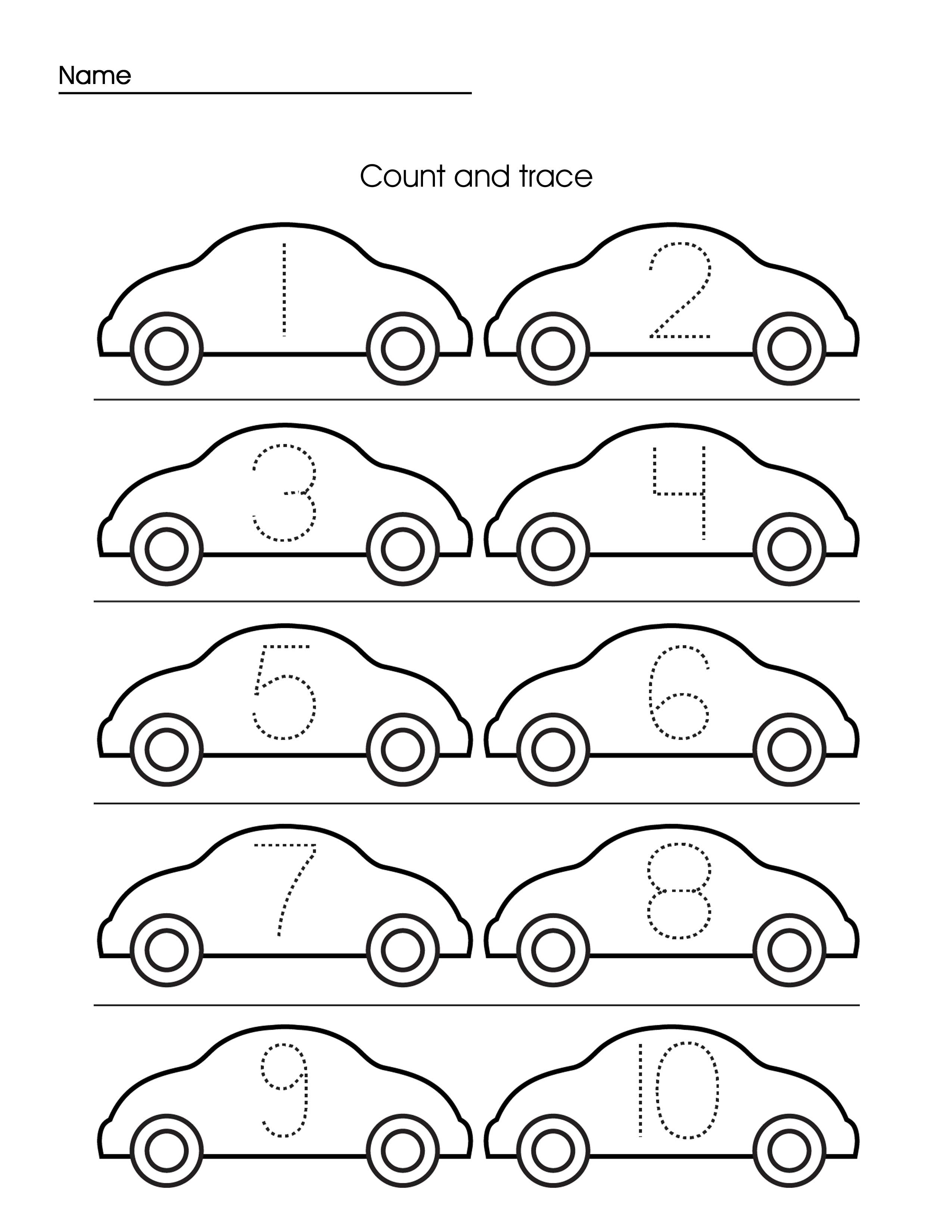 Preschool activity worksheet cars and numbers tracing for homeschool