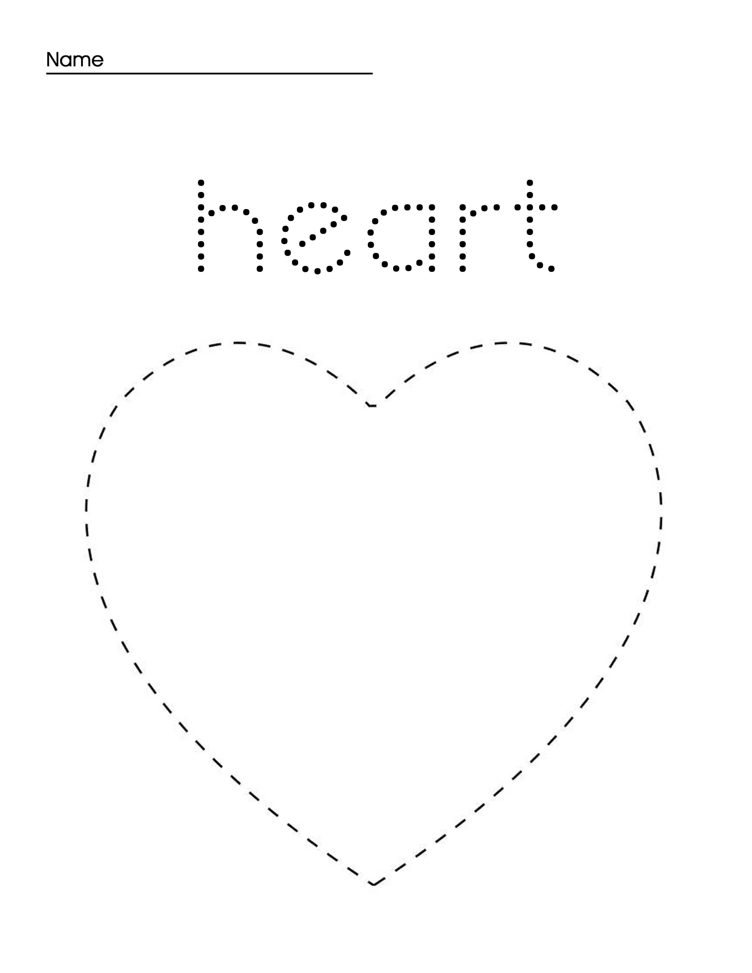 Heart shape and word tracing preschool activity page